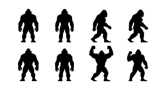Bigfoot silhouette collection with 8 vector elements, mythical sasquatch creature in various poses, yeti and ape man character silhouettes for outdoor adventure