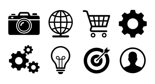 Minimalist black web icons set, 8 flat vector symbols for business and technology, clean interface elements for website design and mobile apps