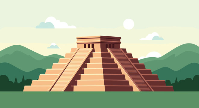 Ancient Mayan pyramid temple located in a lush green jungle and mountain valley under a bright sky with soft clouds in central america.