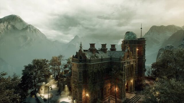 gothic rooftop set with atmospheric fog and chimney silhouettes, productionready drama vibe, vintage textures and dramatic lighting shaping moody editorial