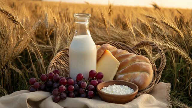 Traditional Dairy Products and Braided Bread in Wheat Field Setting