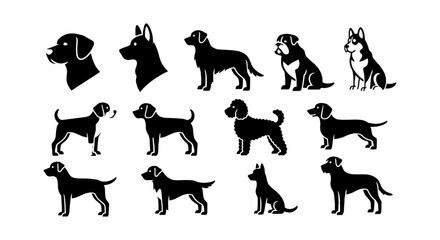 Black dog silhouettes set, 13 vector icons of various dog breeds, minimalist canine profile illustrations for pet shop branding and animal logos © Robiul
