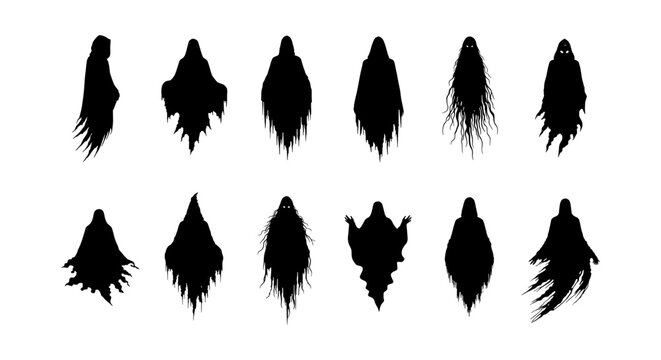 Spooky ghost silhouette collection, 12 black phantom vector icons, creepy halloween spirit character set, dark haunting apparition design elements