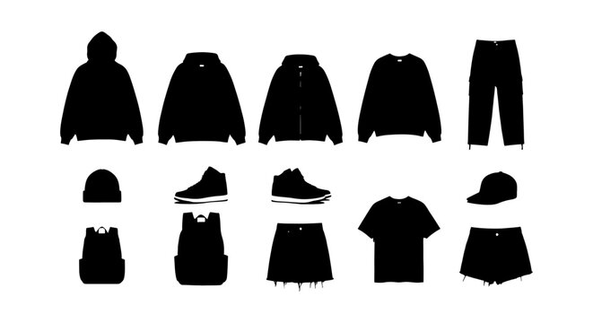 Streetwear clothing silhouette set, 14 fashion apparel icons including hoodies and sneakers, black garment outlines for tech packs and design