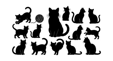 Obraz premium Black cat silhouette collection, set of 14 feline vector icons in various poses, domestic cat silhouettes with yarn ball for pet branding and design