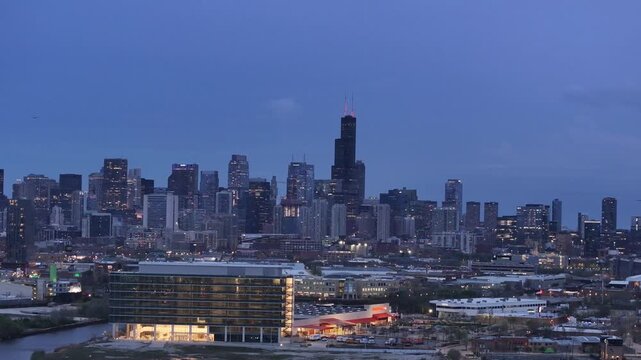  Aerial Cinematic Video of Goose Island with the Chicago Skyline Under Overcast Skies, Chicago, Illinois &ndash; April 15, 2026