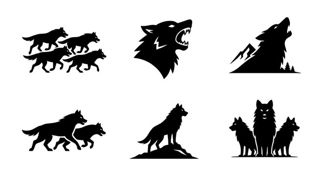 Wolf silhouette vector icons set, black predatory animal head and pack symbols, howling wild wolf mascot logo collection for branding