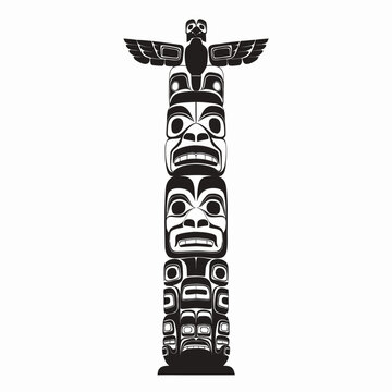 Totem pole, tribal totem, black and white vector, native american illustration, totemic animal designs