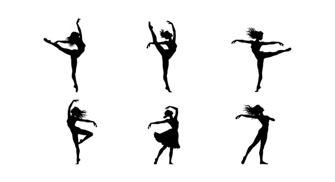 Graceful ballet dancer silhouettes, set of 6 ballerina vector icons, elegant female dancing poses, black aesthetic dance performance figures
