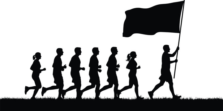 Silhouette of diverse group of people running together on grass field with leader holding large waving flag for community marathon and teamwork SEO maintain