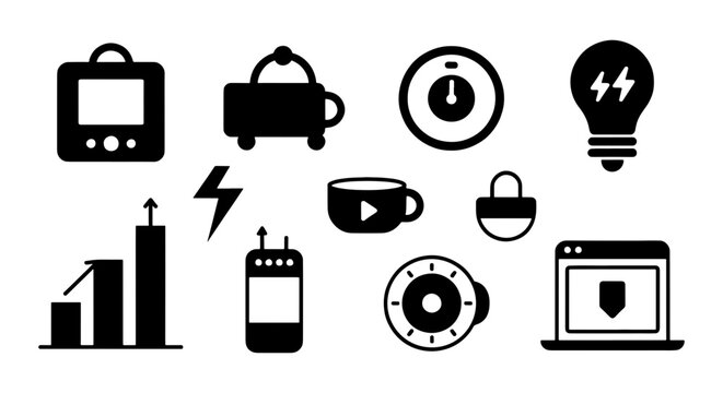 Minimalist black technology icon set, 11 digital interface vector elements, modern business and energy symbols, flat web application UI graphics