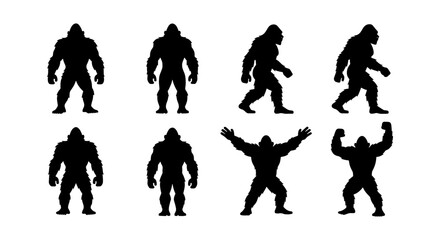 Gorilla silhouette collection, 8 black ape vector icons, muscular primate figures in standing and walking poses, wild animal mascot set © Rajib