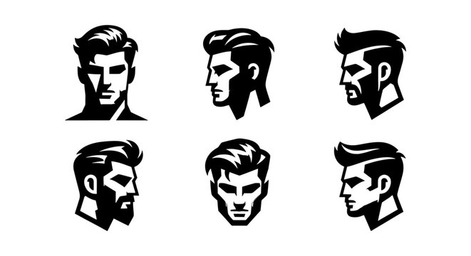 Barbershop logo icons set, masculine men's haircut silhouettes, black and white vector male head portraits for hair salon branding