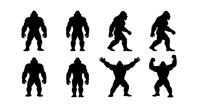 Gorilla silhouette collection, 8 black ape vector icons, muscular primate figures in standing and walking poses, wild animal mascot set