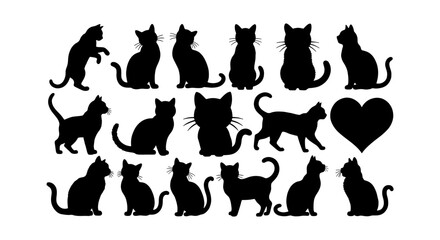 Black cat silhouettes collection, 17 feline vector elements in various poses, domestic kitten shapes and heart icon for pet lovers and animal branding © Rajib
