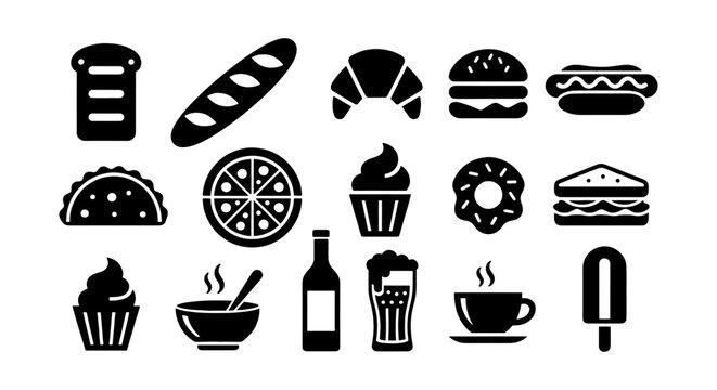Minimalist food and drink icons set, black solid vector silhouettes of fast food and bakery items, 15 restaurant menu symbols for web design