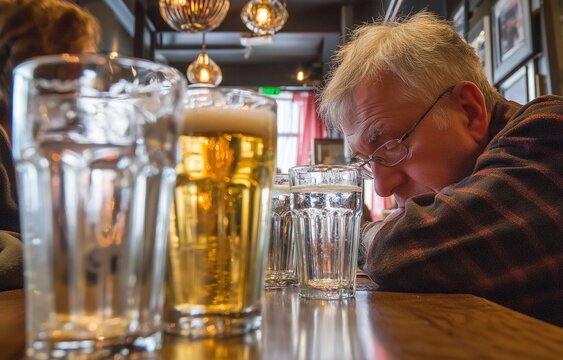 In a crowded pub, a tired man lies by himself with cups of alcoholic beverages all around him.