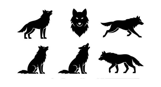 Black wolf silhouette vector set, 6 wild animal icons in various poses, howling and running timber wolf graphics, minimalist predator logo elements