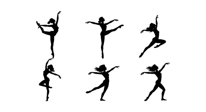 Graceful ballet dancer silhouettes, set of 6 female ballerina poses, elegant black dancing figures vector, artistic gymnastic movement icons