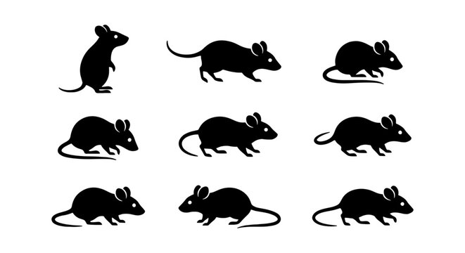 Black mouse silhouette collection, 9 vector rat icons in various poses, minimalist rodent animal shapes for logo design and infographics