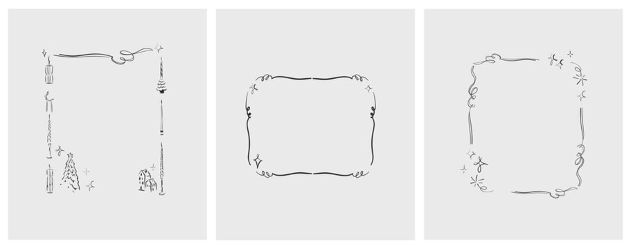 Hand drawn vector abstract outline,graphic,line celebration ornament party frames set in drawing elegant style.Elegant decoration vintage outline design isolated.Birthday,Christmas,party frames design