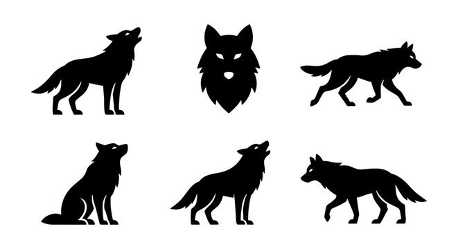 Wolf silhouette collection, black howling wolf and predator head icons, set of 6 wild animal vector elements for outdoor branding and logos