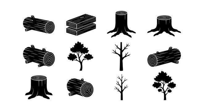 Black wood log icons and tree stump silhouettes, 12 forestry elements vector set, timber industry and woodworking symbols for lumberjack branding