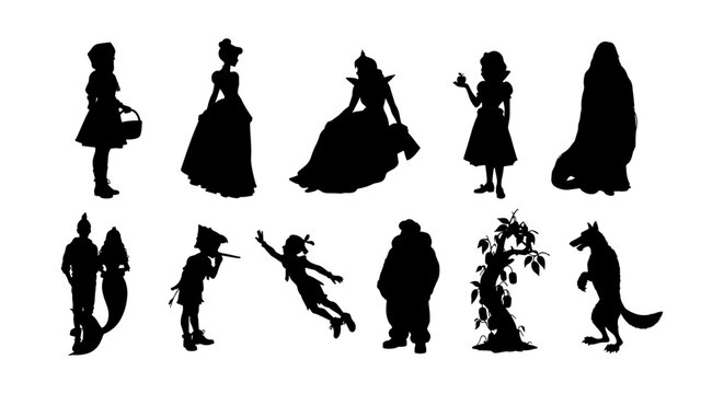 Fairytale character silhouettes set, 11 black vector icons of princess and fantasy figures, storybook folklore elements for children design