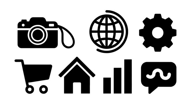 Minimalist black web icons set, flat vector UI elements for business and technology, simple navigation symbols for website and mobile app design