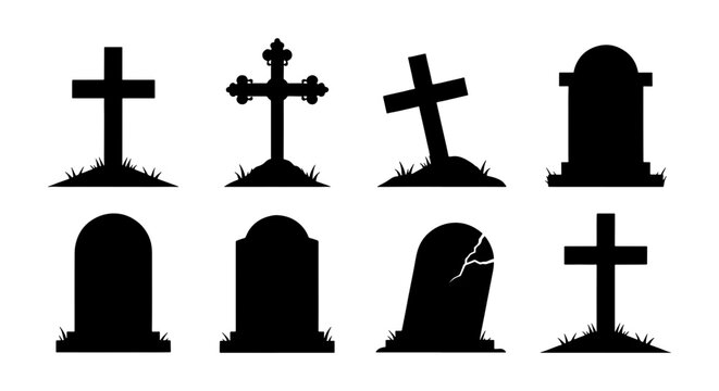Spooky Halloween gravestone silhouettes, set of 8 cemetery tombstone icons, black graveyard headstone vector elements for horror design