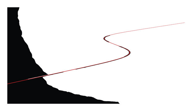 A vivid red line gracefully carves a sinuous path through a minimalist black and white landscape, suggesting journey or connection, perfect for impactful graphic design and conceptual