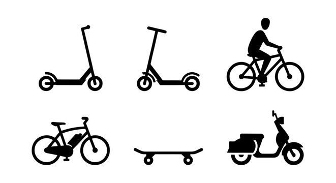 Urban micromobility icon set, black silhouette electric scooter and bicycle vectors, minimalist personal transport symbols for city commuting