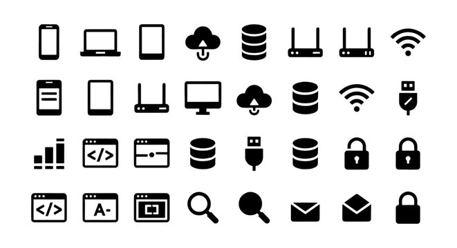 Minimalist technology icon set, black solid vector symbols for web and app design, 32 digital hardware and software interface elements