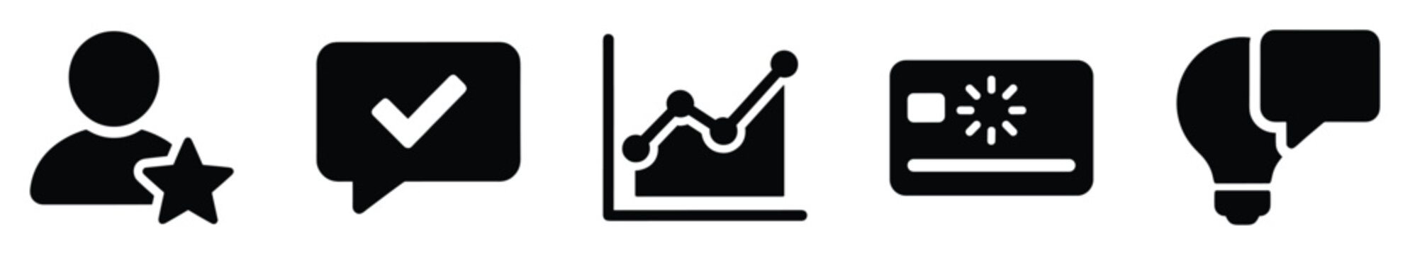 Essential business and communication vector icons depicting user ratings, confirmed messages, market growth, secure payments, and innovative solutions for professional digital platforms.