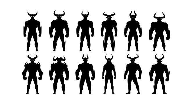 Demonic minotaur silhouettes set, mythical horned monster character collection, dark fantasy warrior beast icons, 12 vector creature shapes