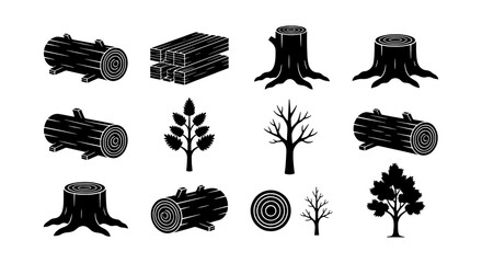 Obraz premium Black wood log icons and timber silhouettes, set of 12 forestry vector elements, wooden trunk and tree stump symbols for woodworking industry