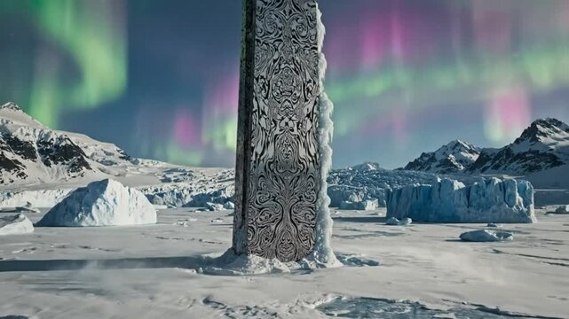 Mysterious monolith structure in frozen landscape under aurora borealis northern lights in Antarctica