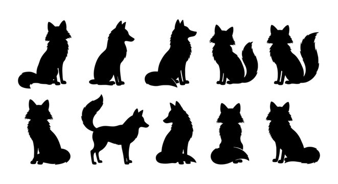 Black fox silhouette collection, set of 10 wild animal vector elements, minimalist forest creature icons for nature branding and logo design