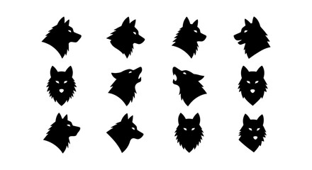 Wolf head silhouette set, 12 black canine icons in profile and front view, minimalist predator animal vector graphics for logo design and branding © Rohan
