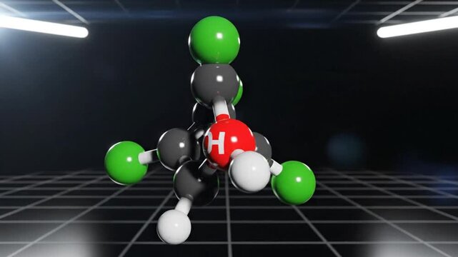 Rotating Molecular Structure of Chemical Compound with Chlorines and Hydroxyl Group in a Modern Computer Graphics Rendering