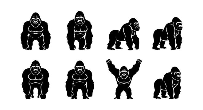 Gorilla silhouette vector set, 8 black ape icons in various poses, powerful silverback primate mascot collection for sports logos and branding