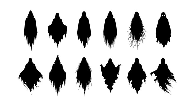 Spooky ghost silhouettes set, 12 creepy phantom icons for Halloween. Dark spirit vector collection, mysterious haunting wraith shapes on white background