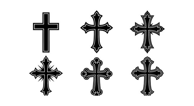 Gothic Christian cross vector set, 6 decorative religious crucifix icons, ornate black church symbols for tattoo design and spiritual branding