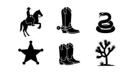 Obraz premium Wild West black silhouette icons set, 6 western elements including cowboy on horse and sheriff star, desert rattlesnake and joshua tree vector graphics