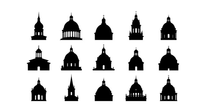 Classical architecture dome silhouettes, set of 15 building cupola icons. Historic cathedral and government roof vector elements for city skyline design.