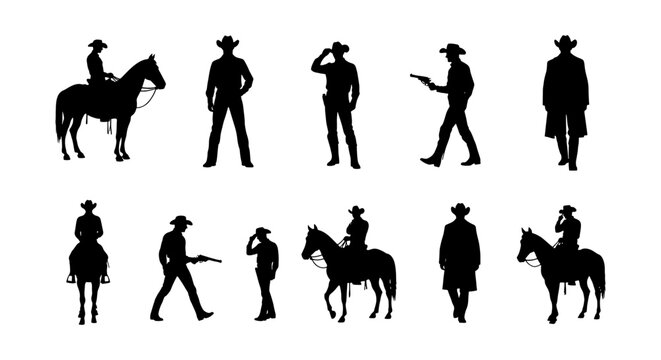 Western cowboy silhouettes set, wild west gunfighter and horse rider vector icons, outlaw and sheriff characters for ranch and frontier designs