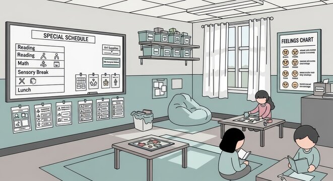 a classroom with children sitting on the floor and a teacher's desk with a whiteboard and posters on