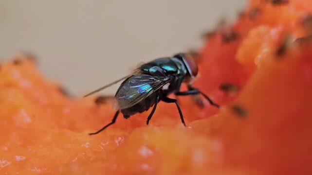 Fly Feeding on Rotten Papaya Fruit Macro Close Up with Multiple Flies