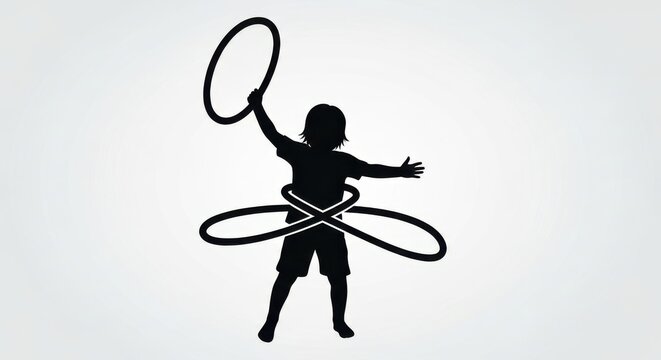 a silhouette of a child playing with a hula hoop and a tennis racket action shot black silhouette ch