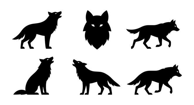Black wolf silhouette collection, 6 wild animal vector elements, howling and walking timber wolf icons, predator head and body shapes